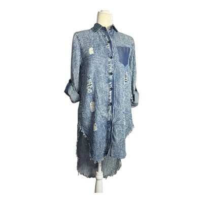 Thrill Women s Button Down Country Destroyed Distressed Denim Shirt Jacket Sz S