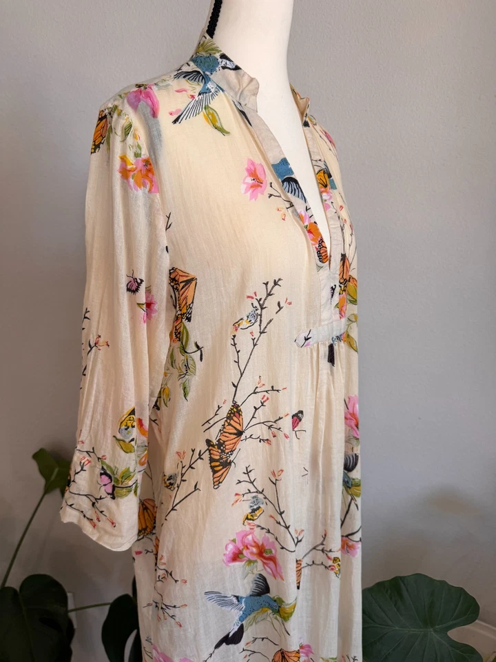 Maxi Vestido La Cera Colibrí Mariposa Floral Gasa M 100% Algodón Boho Resort Foto 4 de 4