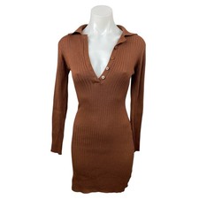 Love Tree Brown Ribbed Long Sleeve Collared Mini Bodycon Polo Sweater Dress Sz S