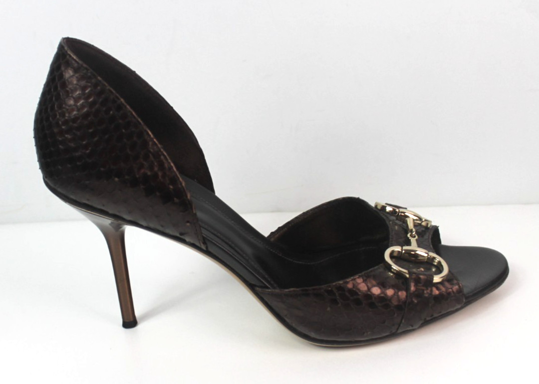 Gucci brown python leather peep toe heels size 8B… - image 3