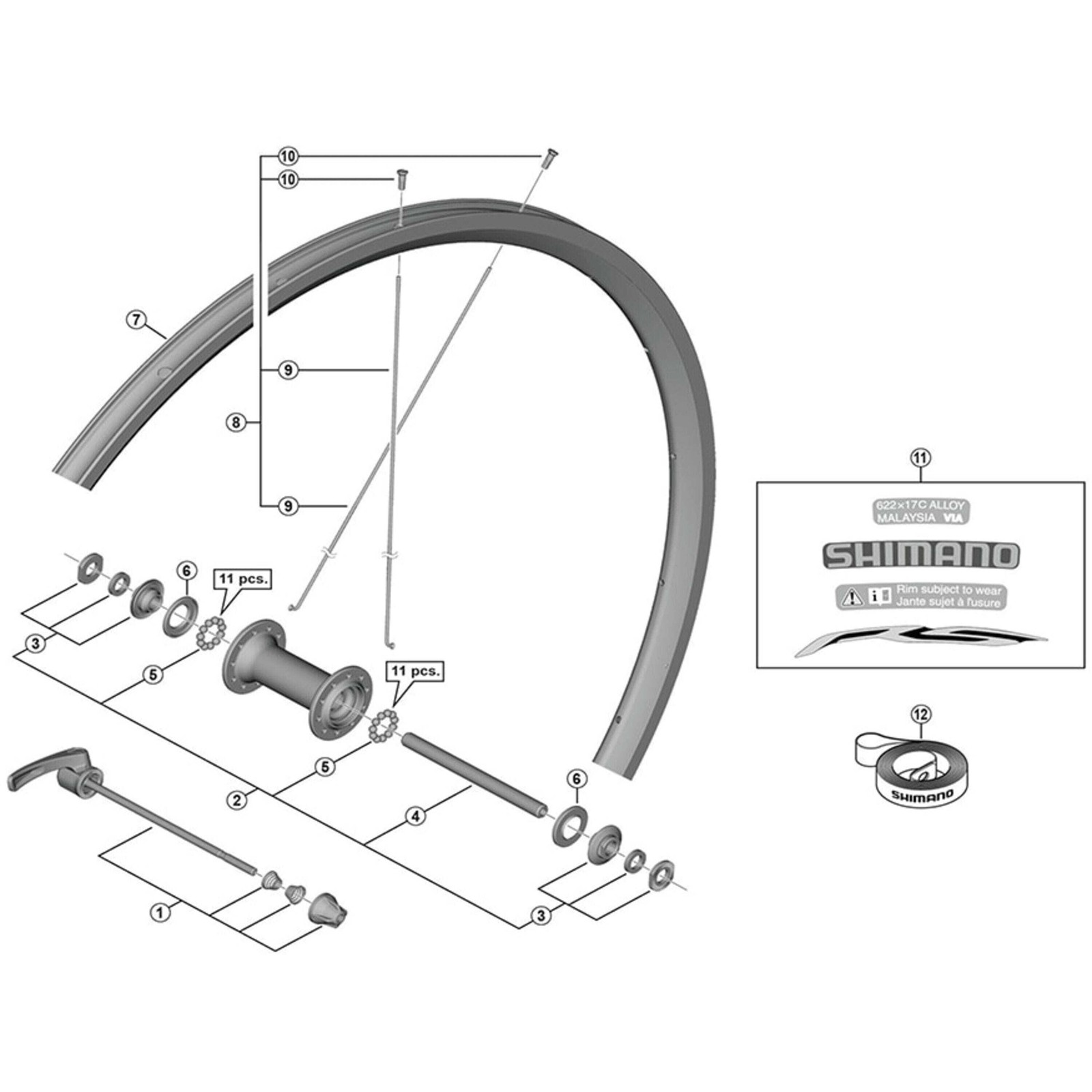 Shimano Spares WH-RS100-F complete hub axle, 108 mm
