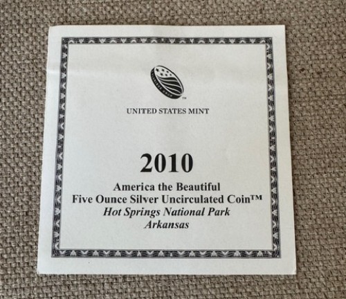 2010 Hot Springs National Park ATB 5oz Coin - COA ONLY - NO COINS/BOX