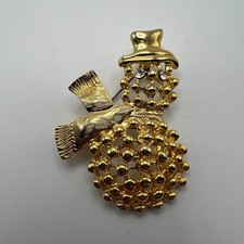 Vintage Snowman Brooch Textured Gold Tone Crystal Eyes Holiday Christmas Pin