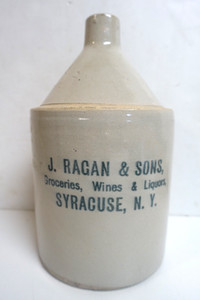 J. Ragan & Sons Stenciled Stoneware Crock Whiskey Jug Syracuse, NY