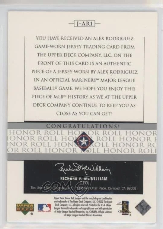 2002 Upper Deck Honor Roll Game Jersey Alex Rodriguez #J-AR1 - Image 2 of 2
