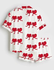 Women  s Cute Retro Hearts Valentine's Day Short Sleeve Satin Pajama Set