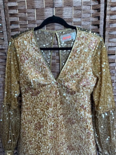FREE PEOPLE Stars Align Mini Dress Golden Sequin Floral Embroidered Size 4 - Picture 3 of 17