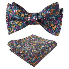 Mens Classic Floral Pattern Self-tied Bow Tie and Handkerchief Set Teal Orang...