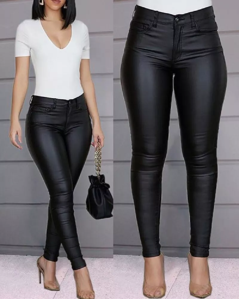 Women Ladies PU High Waist Biker Leggings Skinny Faux Wet Look Pants New  Trouser