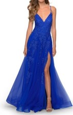 LA FEMME Size 8 Strappy Fit Flare Blue Elegant Evening Prom Party Dress 