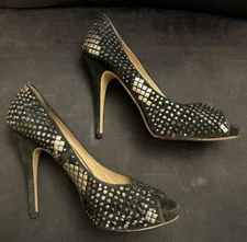 Valentino Garavani Black Suede Heels Peep Toe W/Mirrors Embellish US Size 7.5