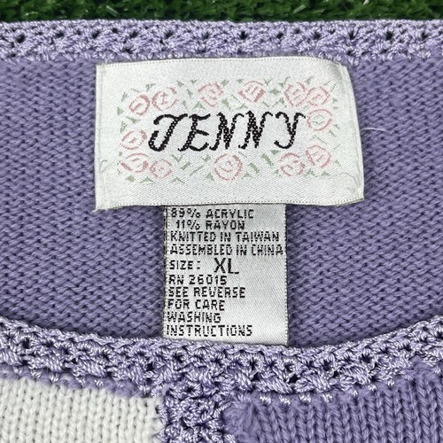 Vintage 90s Jenny Embroidered Floral Color Block Purple Grandma Knit Sweater XL - Picture 3 of 17