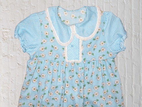 Vtg Handmade Nightgown YMED Blue Daisy Puff Sleeve Knee Length Cottage Prairie - Picture 2 of 7