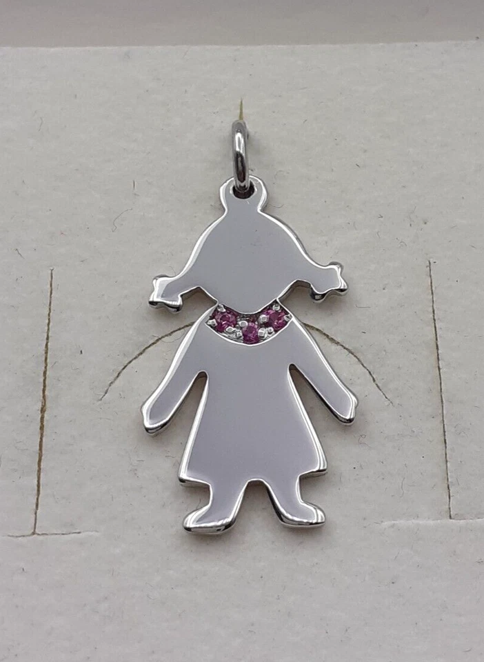 Ciondolo Bimba argento 925 zaffiri rosa pendente collana girocollo donna bambina - Immagine 2 di 4