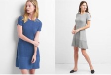 New GAP Women Fit Flare Marled Gray Blue Ribbed Short Sleeve Crew Dress S M L