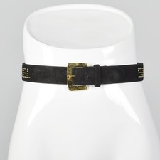 Small 1990s Sonia Rykiel Studded Leather Belt Black Suede VTG Gold Buckle Logo