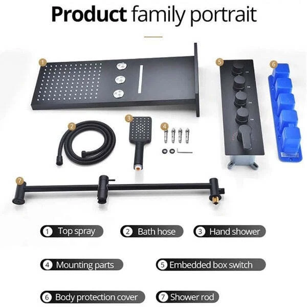 Sistema de ducha multiconfiguración montado en la pared negro mate 9"x22" Foto 4 de 4
