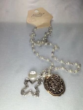 Silver Tone White Beaded Cross Pendant Necklace - New