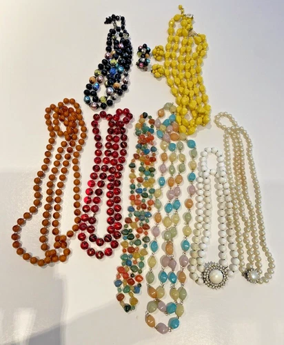 Lot of 8 VTG Beaded Necklaces-Estate Jewelry-Costume-Clip On Earrings-Crafting