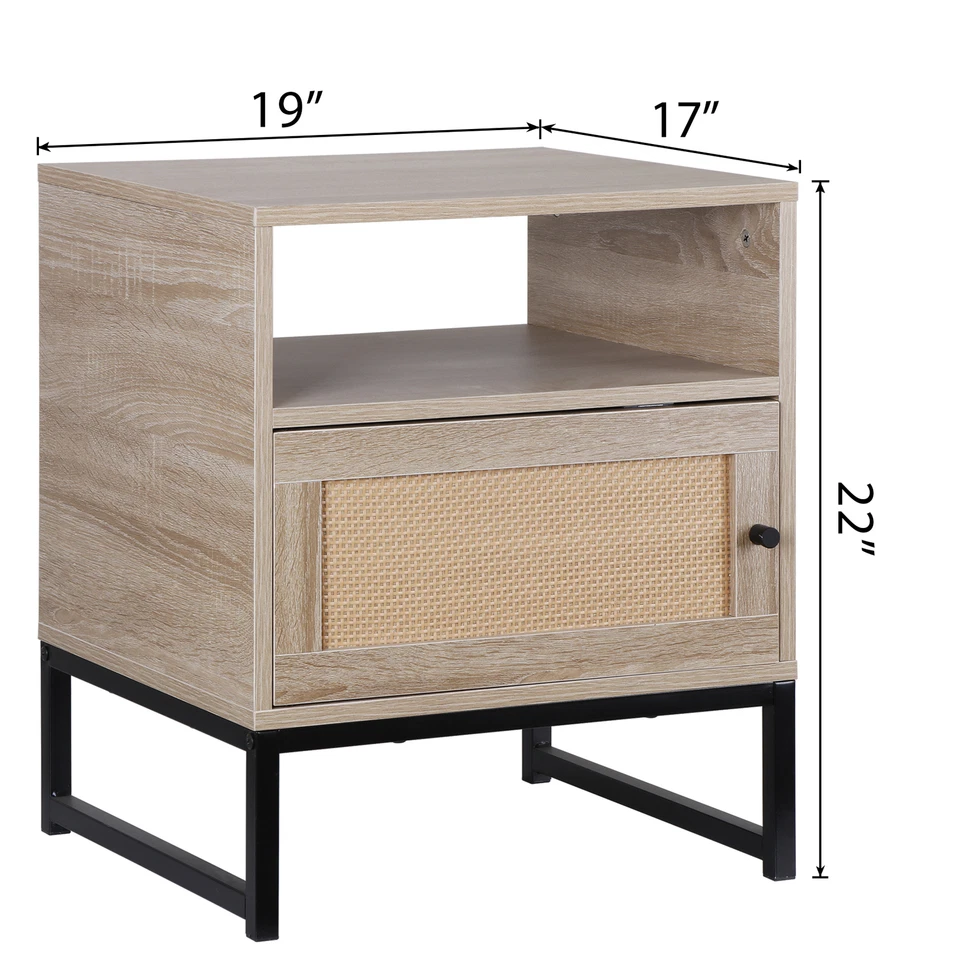 Rattan Nightstands Set of 2 Accent End Table Wood Bediside Table with Metal Legs - Image 3 of 4