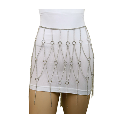 Women Silver Metal Chain Circle Rings Designer Style Skirt 