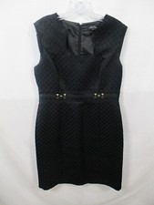 Tahari Women Dress 10 Black Square Neck Short Sleeve Lined Belted Zips Polyester