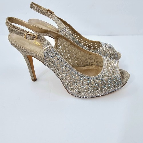 Dream Pairs Women's Gold Rhinestone Peep Toe Sling Back Stiletto Heels Size 9 - Picture 5 of 15