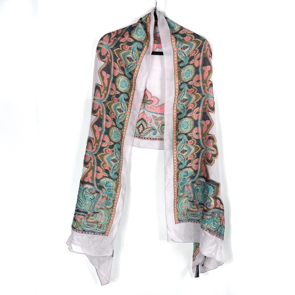 Bufanda de Seda ETRO Gris Naranja Azul Paisley Bordada Floral Rectángulo Foto 2 de 4