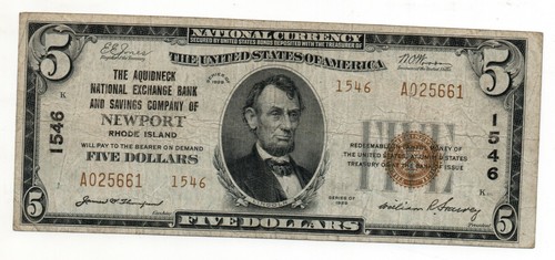 1929- BANCONOTA $5, AQUIDNECK BANCA DI SCAMBIO NAZIONALE & SOCIETÀ DI RISPARMIO, NEWPORT, R.I. - Foto 1 di 2
