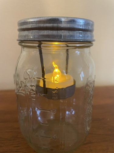 Mason Jar Tea Light Candle Holder- Silver Metal Lid/Hanger-Cute When Burning - Picture 2 of 3