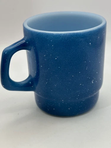 Vintage Fire King Anchor Hocking Glass Blue Spatter White Mug Mid Century Modern