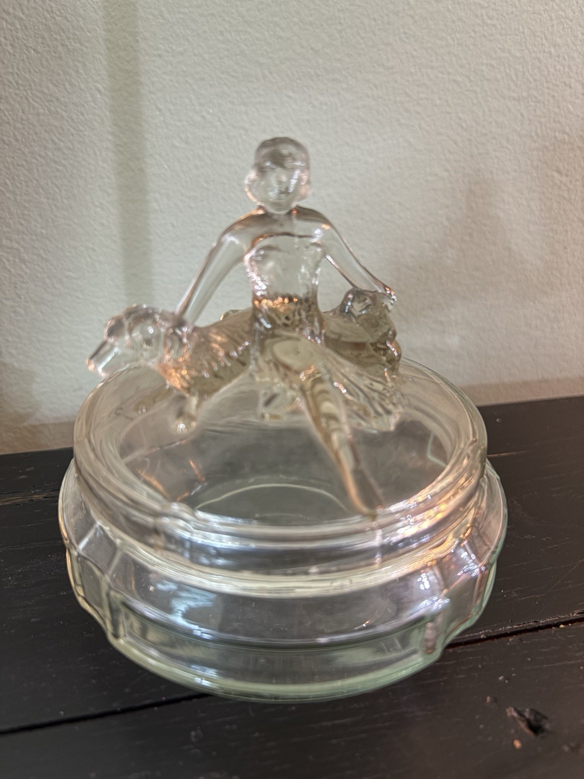 Clear pressed glass powder jar in the Annette pattern with lid