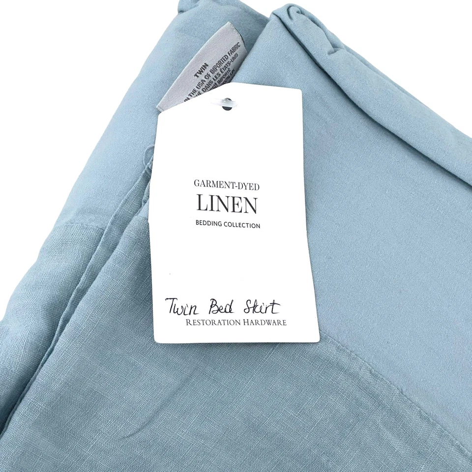 Saia de cama tamanho duplo roupa tingida linho azul celeste ferragens restauração - Imagem 4 de 4