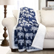Navy Elephant Parade Throw Fuzzy Reversible Sherpa Blanket 60 x 50 White