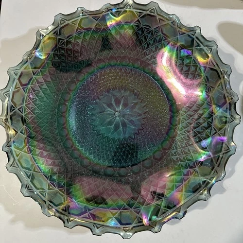 Vintage Iridescent Carnival Glass 10" Indiana Blue Diamond Point Ruffle Bowl