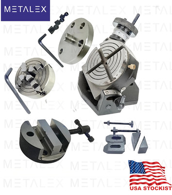METALEX 4'' Tilting Rotary Table with 70mm 4-Jaw Chuck, 80mm Vice & M6 Clamp Kit