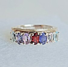 Sterling Silver Multi-Gemstone Ring   Size 7   7 Vibrant Oval-Cut Stones