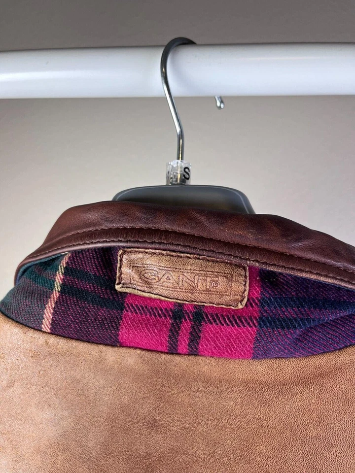 Vintage 90s GANT Leather Jacket Mens L Aviator Coat Y2K Preppy Retro Plaid Lined - Image 4 of 4