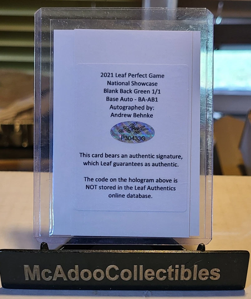 2021 LEAF PERFECT GAME GREEN ANDREW BEHNKE PAPER RC AUTO # 1/1 - Image 2 of 2