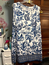 Women's Blue & White Floral Knit Shift Dress L Round Neck Sleeveless Knee