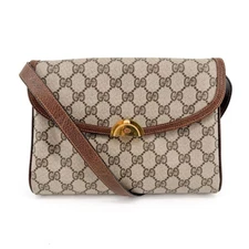 Gucci Vintage GG Monogram Crossbody Shoulder Flap Bag Beige Coated Canvas Brown