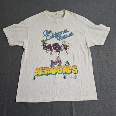 Vtg Stained 1987 3xSun Large White California Raisins ''Dancing Aerobics'' T-Shirt