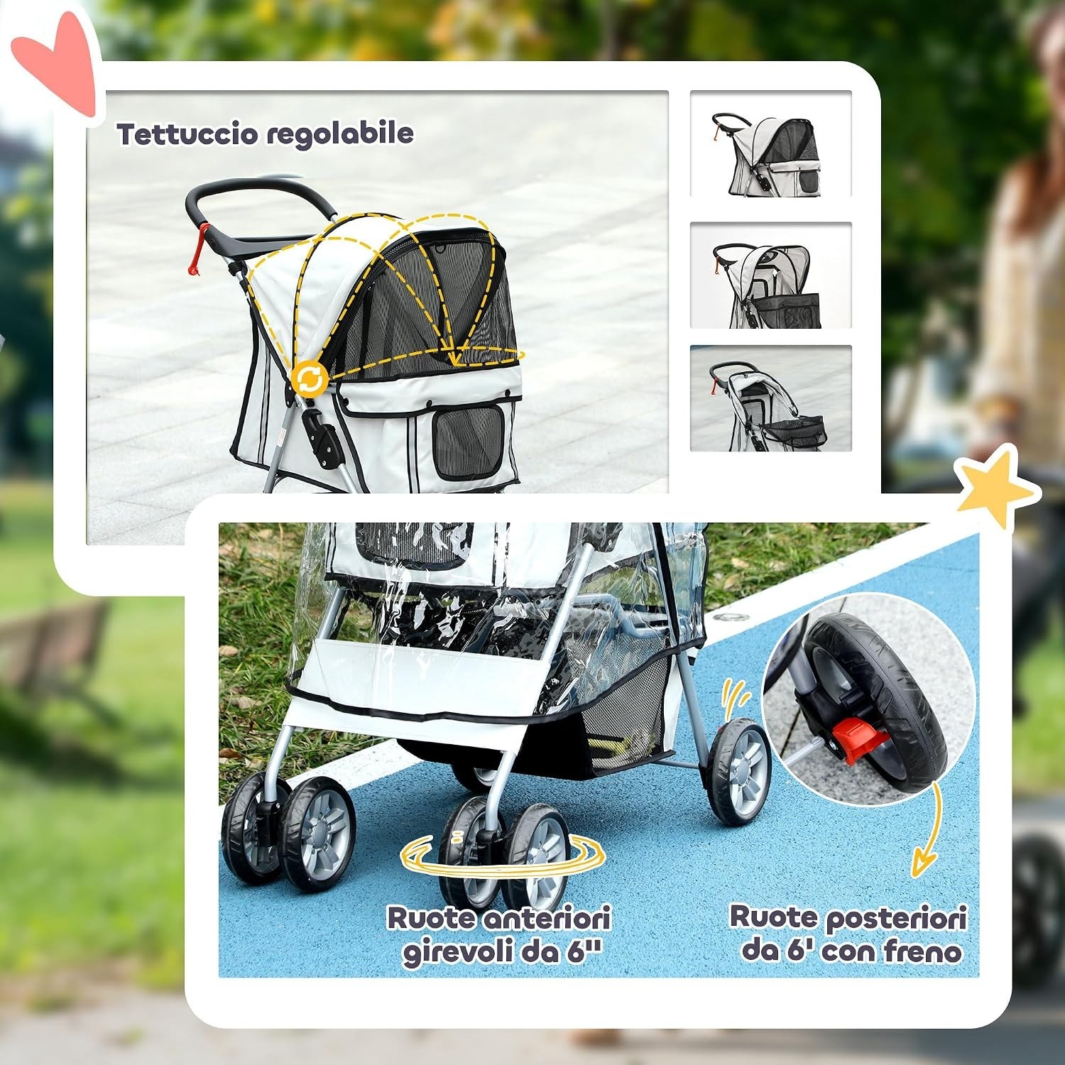PawHut Passeggino per Cani 10kg Pieghevole con Copertura Antipioggia Grigio foto 5
