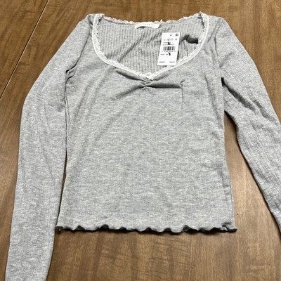 Lush Women's Ribbed Long Sleeve Top With White Lace V Neck Gray size XS
