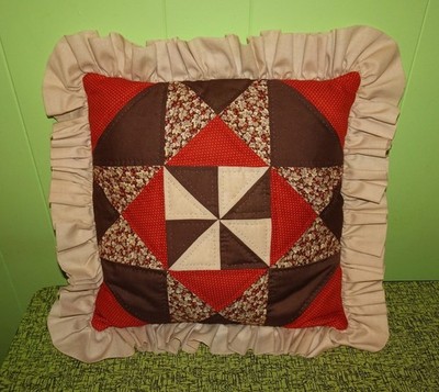 Vintage Beige & Brown Quilted Pillow with Ruffles country patchwork cottagcore