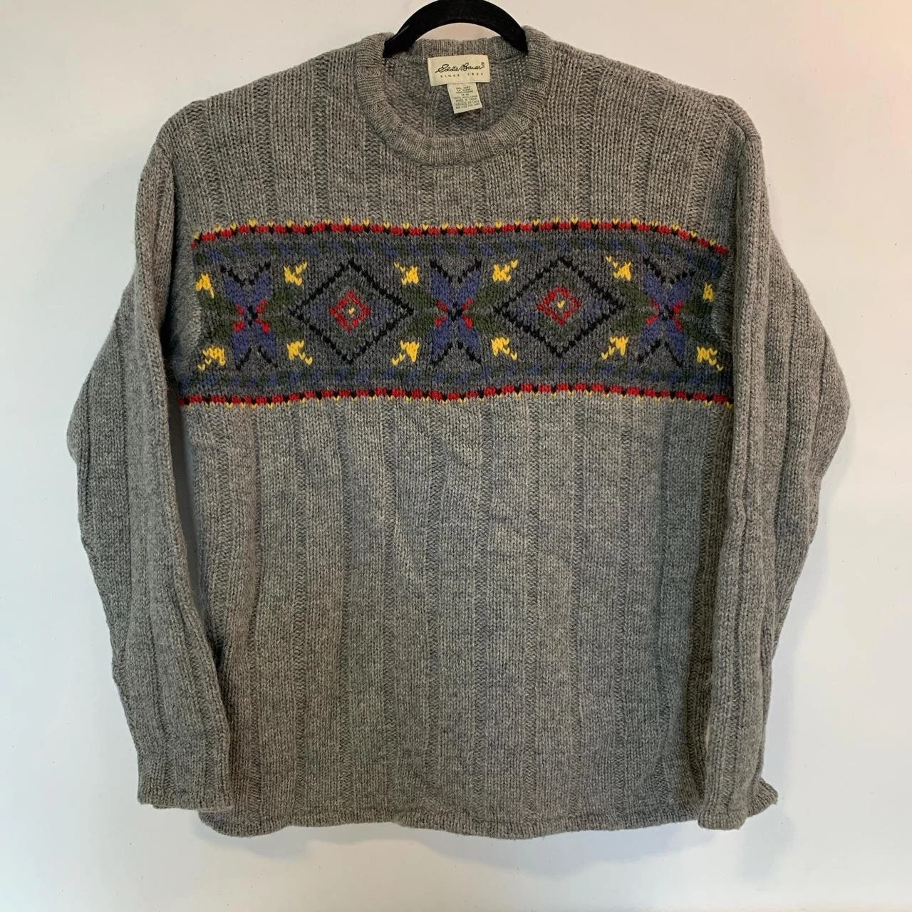 Eddie Bauer Vintage Gray Wool-Blend Crewneck Sweater with Geometric Pattern