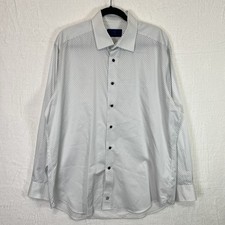 David Donahue Micro Diamond Print Dress Shirt 17 34/35 White Blue Button Up