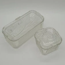 Refrigerator Dish/w Lid Vintage 1940s Clear Glass Ribbed Vegetable  set of 2