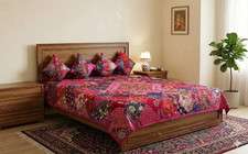 5 PC MASTERPIECE VINTAGE BEAD SARI SEQUIN BEDSPREAD COVERLET QUILT THROW BLANKET