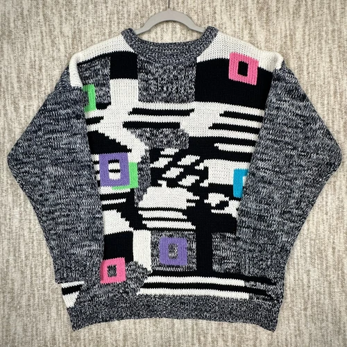 Jamie Scott Sweater Women M Chunky Knit Abstract Retro Geometric Art VTG 80s 90s